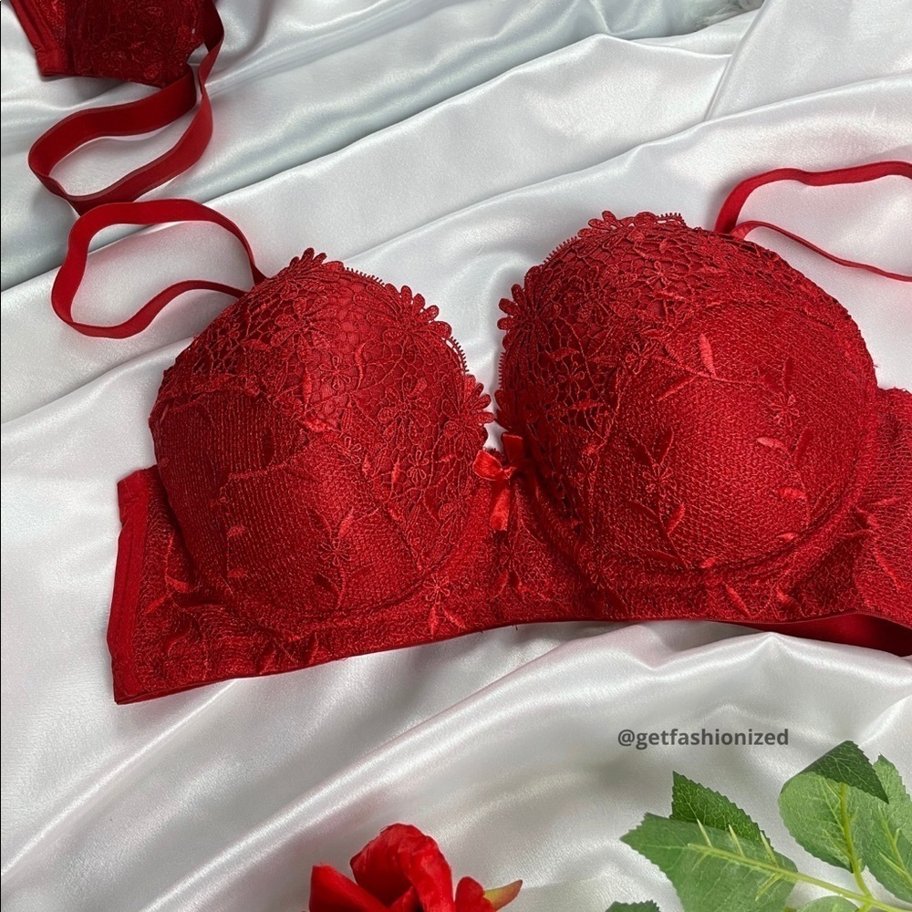 𝅺new Flower Lace Underwire Bra Red